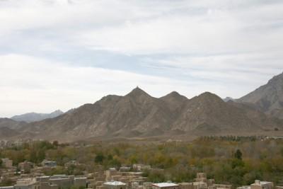 View from the minaret at the Natanz shrine - the gonbad-baz is the little bleb on the highest mountain