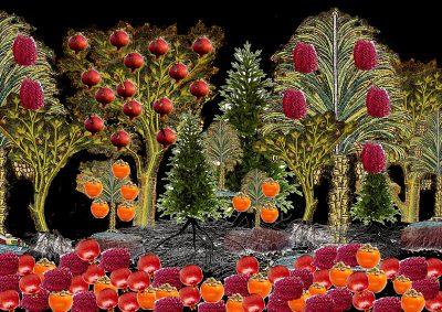 Ultimate Living: large trees in colour with pomegranates and dates and persimmons on forest floor