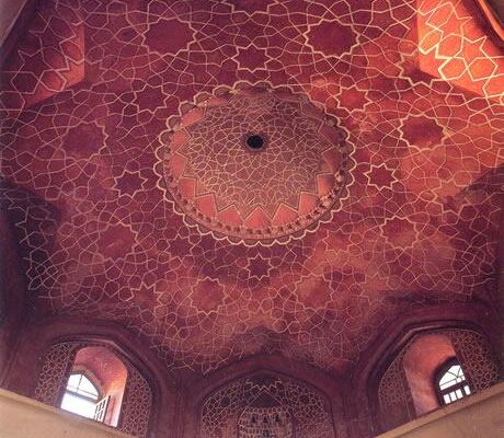 This stunning tour-de force of Timurid wallpainting is in NE Iran. The eight-pointed star ‘floating’ on the ceiling is covered with interlaced 5, 6 and 8-pointed stars, and there is a perfect 16-pointed star in the small central dome.
