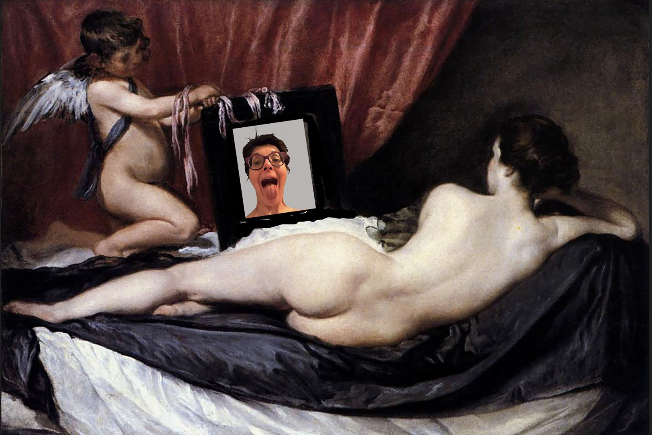 Spoof of Velazquez' Toilet of Venus - me sticking out my tongue in the mirror showing 'Venus'