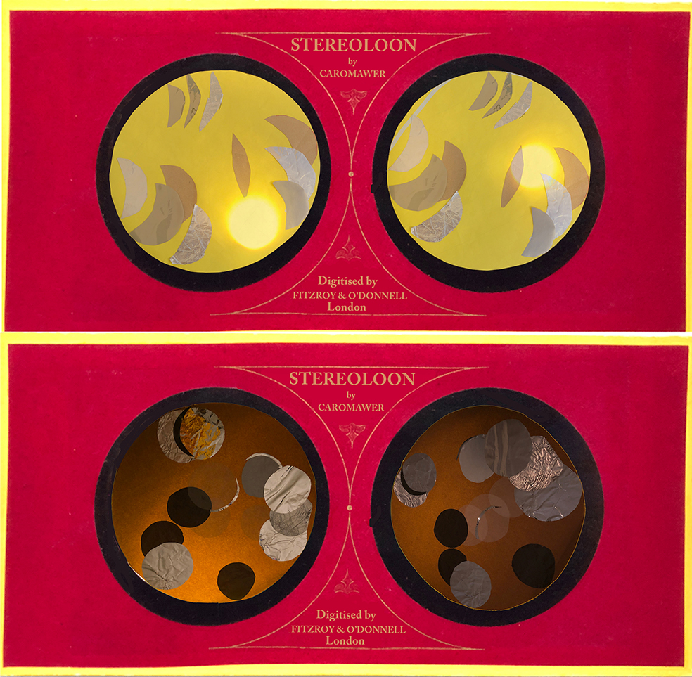 two pairs of 'stereographic' collage moons, with red surround, and gold engravings - looking like Warren de la Rue lunar stereographs