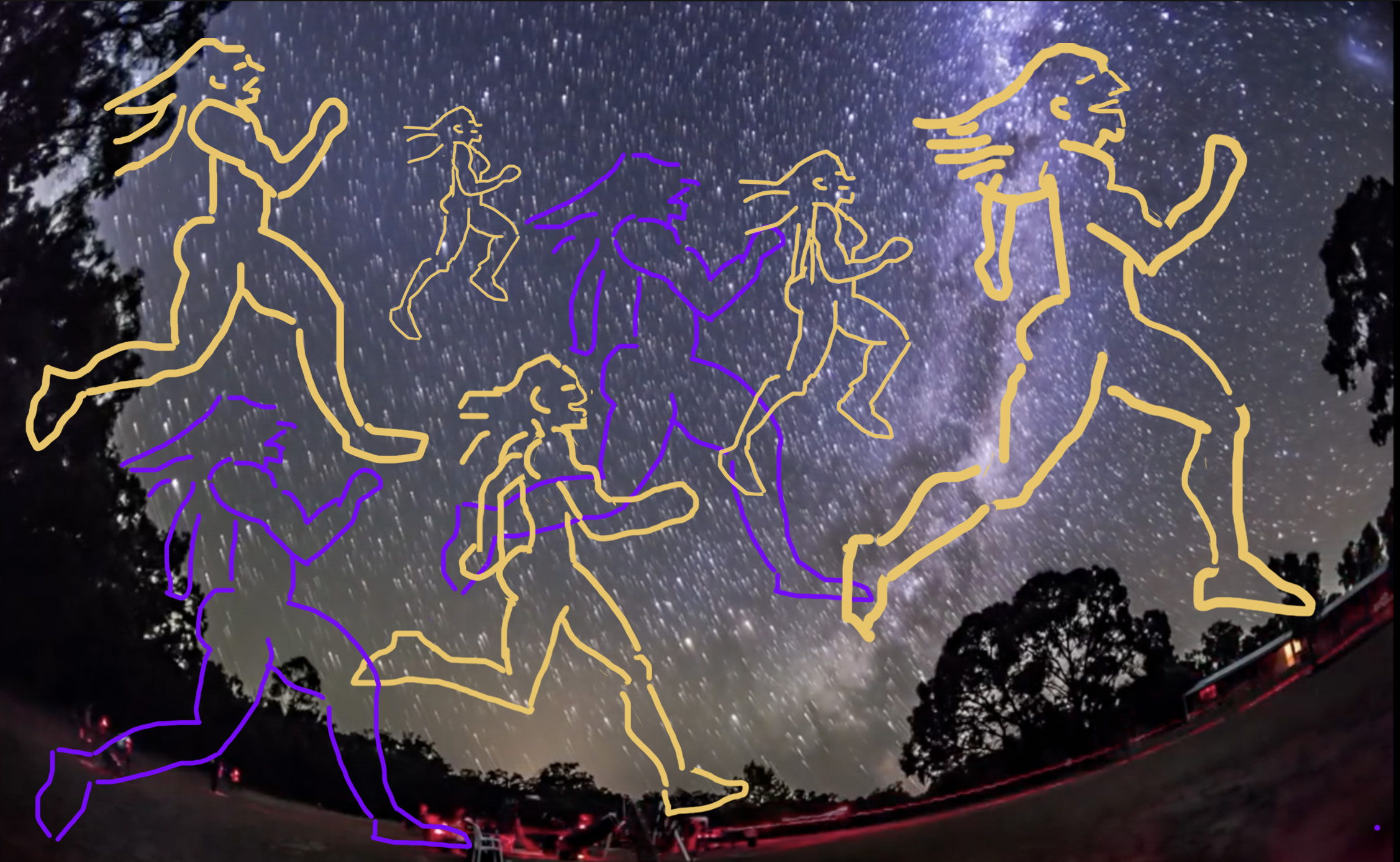 Five yellow and two purple running women. On a starry background